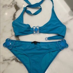 Louis Vuitton Blue Halter Bikini Set with Floral Ring Accents